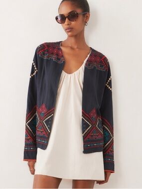 Embroidered Navy Open-Front Jacket